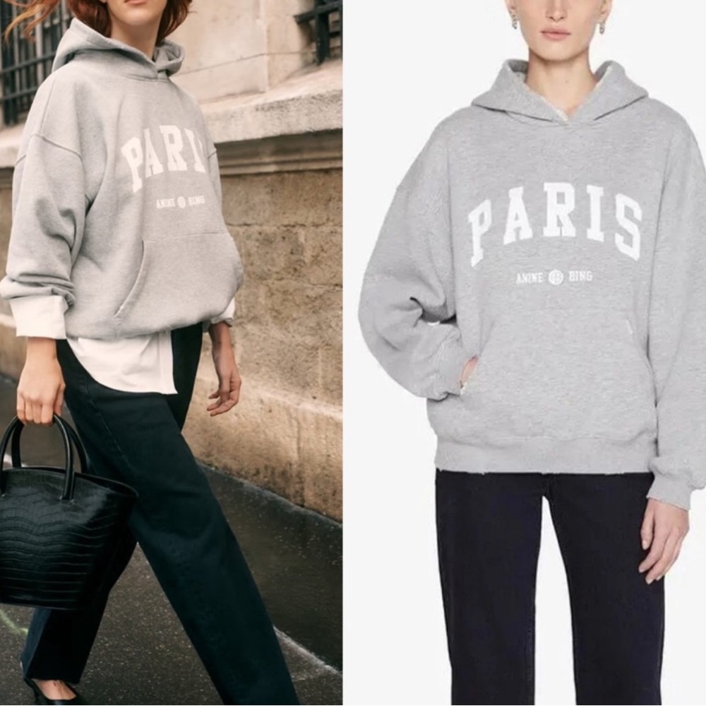 ANINE BING Aiden Hoodie Sweatshirt University Paris Heather Gray Size Large